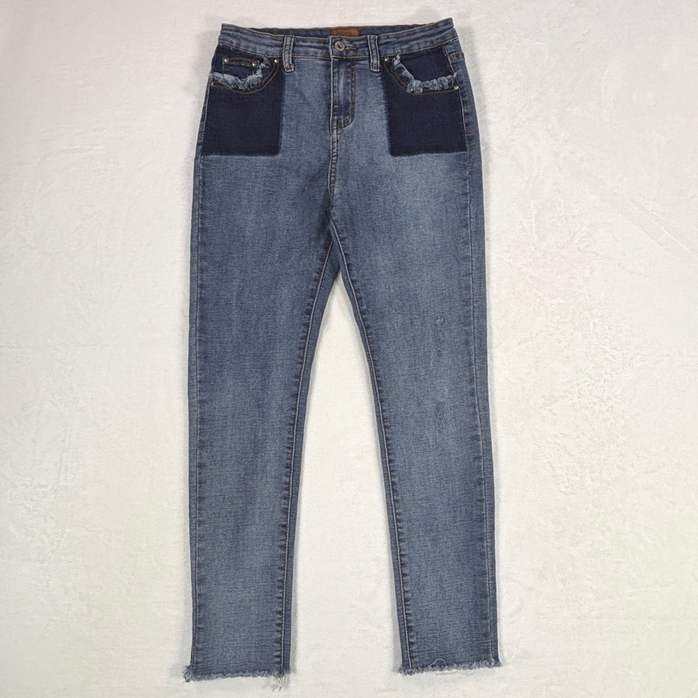 POL Womens Distressed Patchwork Skinny Jeans Blue High Rise Raw Hem Size M 29x26